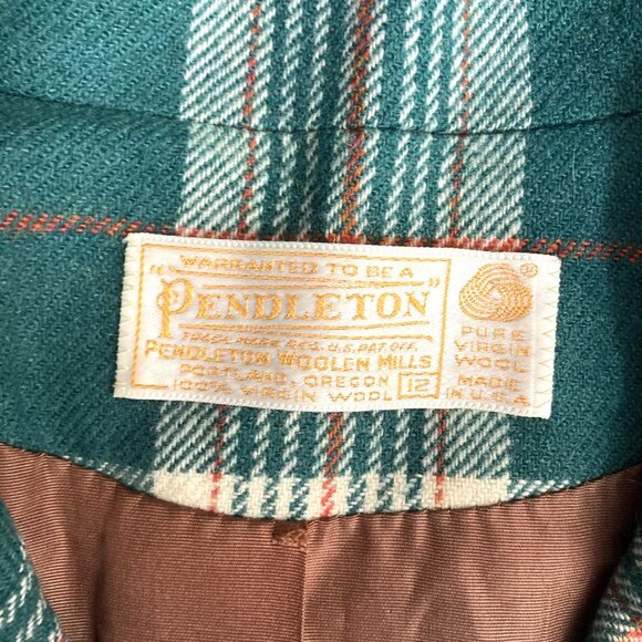 Vintage 60s Pendleton Wool Suit Womens 12 Green Tartan Plaid Belted Jacket Pants - Picture 4 of 16